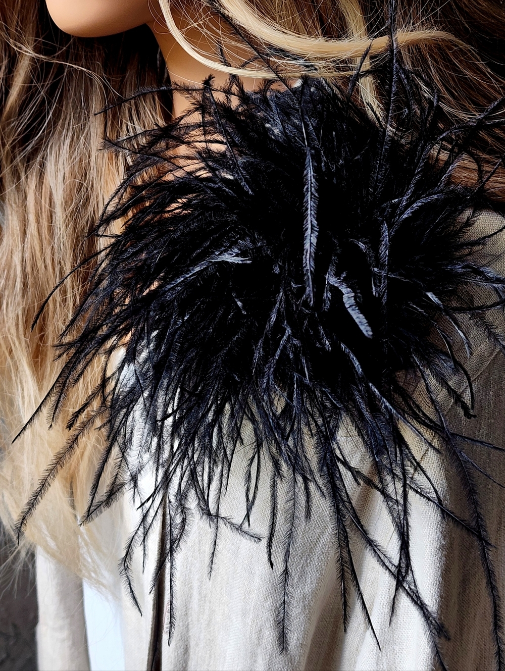 Designer Ostrich Feather Brooch Black Marabou Pin Ivana Ruzzo Accessory